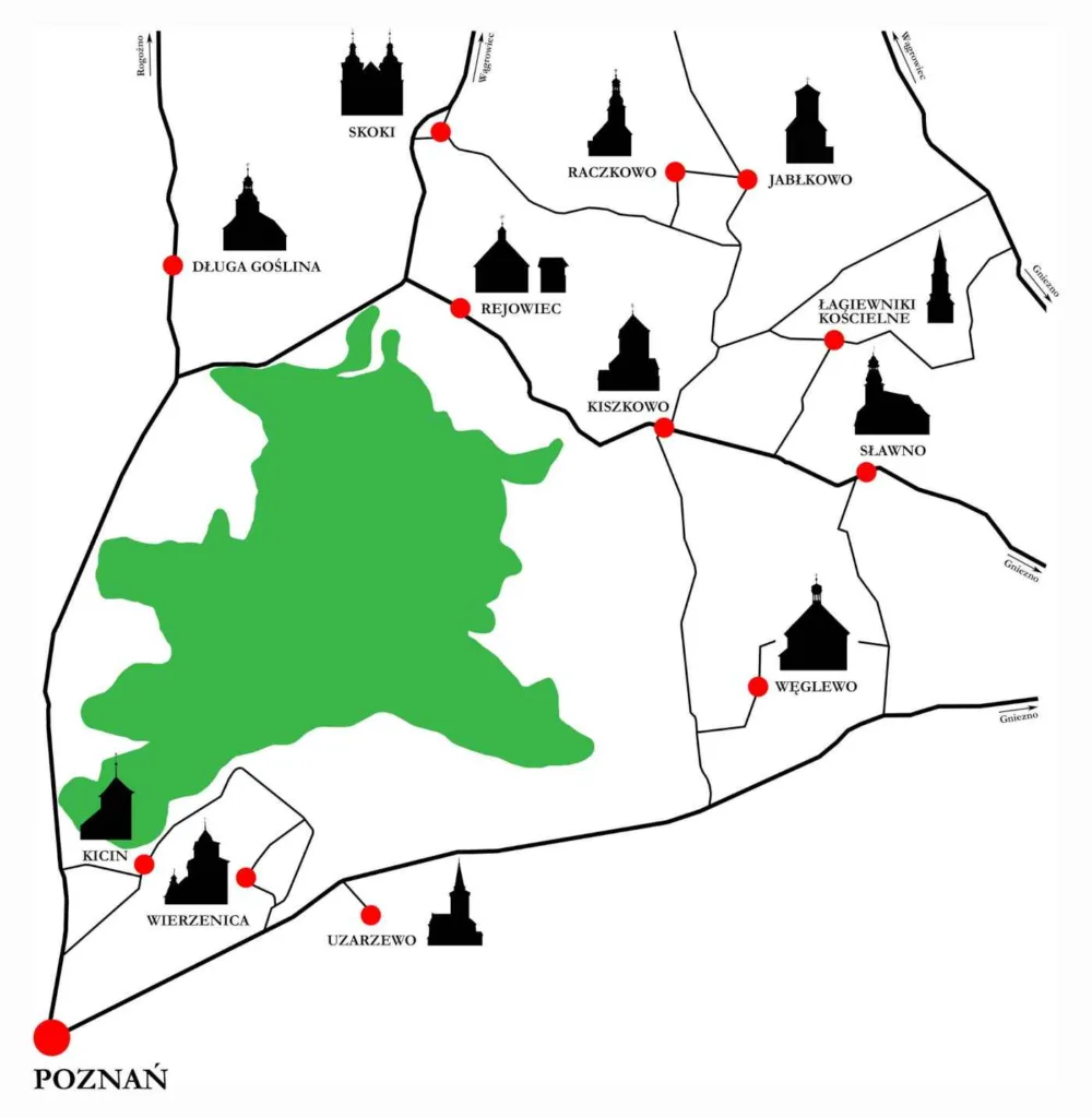 mapa szlaku kościołów drewnianych wokół Puszczy Zielonka